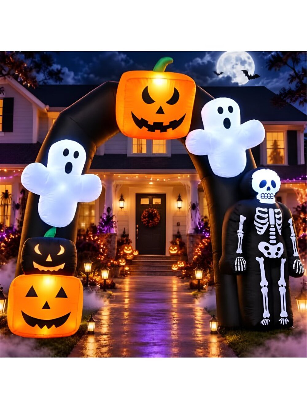8FT Halloween Inflatable Archway with Pumpkin & Ghost, Built-in LED